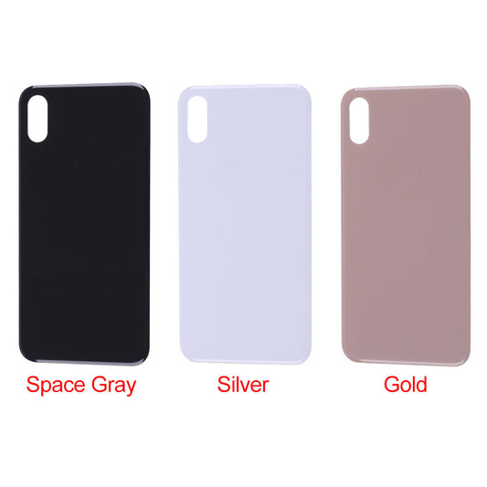 Three Cirrus-link Back Glass Covers with Big Camera slot for iPhone XS Max (AfterMarket) are shown upright in space gray, silver, and gold.