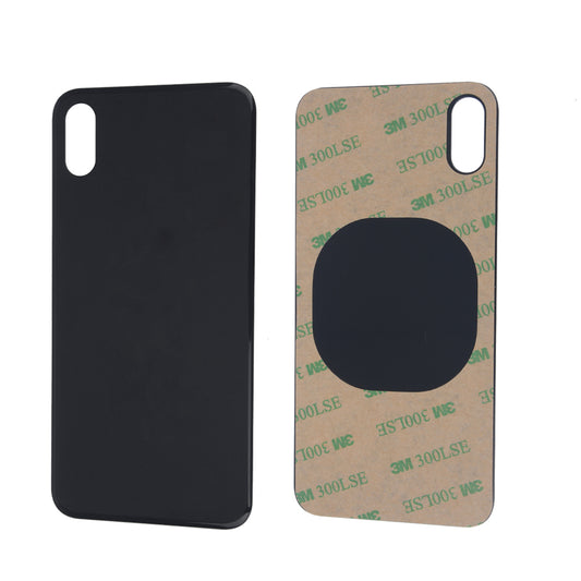 Two Cirrus-link Back Glass Covers with Big Camera slot for iPhone X are shown: one features a plain black exterior, the other displays a 3M adhesive backing—ideal aftermarket replacements for repairs.