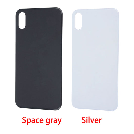 Two Cirrus-link Back Glass Covers with Big Camera slot for iPhone X are shown: Space Gray is on the left, Silver on the right—sleek aftermarket replacements for your device.
